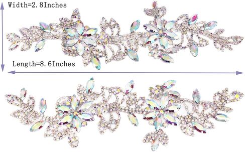 1 Pair Symmetrical Rhinestone Applique Patch 100% Handmade Sew On Flower AB Crystal Applique for Sewing Clothes Wedding Bridal Dress Jewelry Decorative (2PCS Silver) in Saudi Arabia