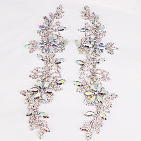 1 Pair Symmetrical Rhinestone Applique Patch 100% Handmade Sew On Flower AB Crystal Applique for Sewing Clothes Wedding Bridal Dress Jewelry Decorative (2PCS Silver) in Saudi Arabia