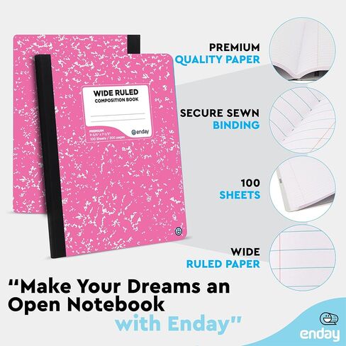 دفاتر ملاحظات تكوين ورق مسطر واسع، أغطية دفاتر ملاحظات تكوين رخامي ملون، 100 ورقة (200 صفحة) كتب تكوين، دفاتر ملاحظات رخامية مسطرة واسعة للمدرسة، وردي - أحمر - رمادي - أخضر - بواسطة Enday in Kuwait