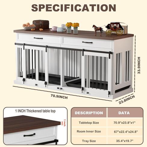 Large Dog Crate Furniture, 71 Inch Heavy Duty Dog Kennel with Removable Divider and Sliding Door, Indoor Furniture Style Dog Crate for 2 Small to Medium Pets in Saudi Arabia
