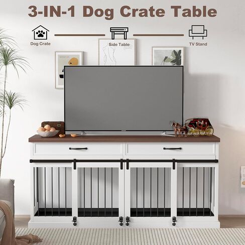 Large Dog Crate Furniture, 71 Inch Heavy Duty Dog Kennel with Removable Divider and Sliding Door, Indoor Furniture Style Dog Crate for 2 Small to Medium Pets in Saudi Arabia