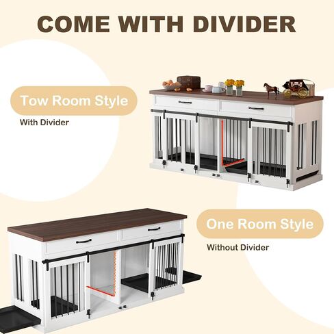 Large Dog Crate Furniture, 71 Inch Heavy Duty Dog Kennel with Removable Divider and Sliding Door, Indoor Furniture Style Dog Crate for 2 Small to Medium Pets in Saudi Arabia