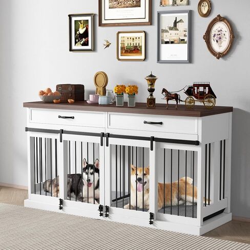 Large Dog Crate Furniture, 71 Inch Heavy Duty Dog Kennel with Removable Divider and Sliding Door, Indoor Furniture Style Dog Crate for 2 Small to Medium Pets in Saudi Arabia