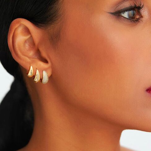 مجموعة أقراط دائرية ذهبية للنساء، 3 أزواج مكتنزة مكدسة عصرية 14 قيراط مطلية بالذهب أقراط هوجي هوب صغيرة لا تسبب الحساسية تشيكوسلوفاكيا أقراط ذهبية للنساء والفتيات مجوهرات in Kuwait