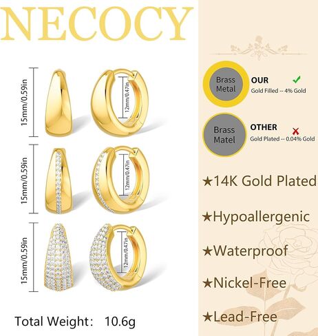 مجموعة أقراط دائرية ذهبية للنساء، 3 أزواج مكتنزة مكدسة عصرية 14 قيراط مطلية بالذهب أقراط هوجي هوب صغيرة لا تسبب الحساسية تشيكوسلوفاكيا أقراط ذهبية للنساء والفتيات مجوهرات in Kuwait