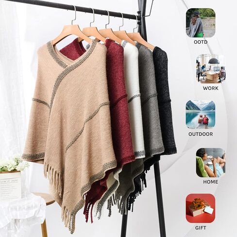 سترة بونشو مخططة للنساء من Ferand، شال ناعم ملفوف مع شراشيب in Kuwait