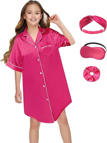قميص نوم بناتي من الساتان للأطفال مصنوع من الحرير بأكمام طويلة وأزرار سفلية فستان نوم in Kuwait