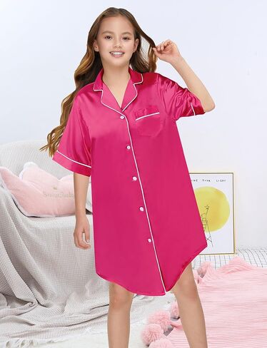 قميص نوم بناتي من الساتان للأطفال مصنوع من الحرير بأكمام طويلة وأزرار سفلية فستان نوم in Kuwait