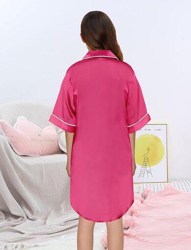 قميص نوم بناتي من الساتان للأطفال مصنوع من الحرير بأكمام طويلة وأزرار سفلية فستان نوم in Kuwait