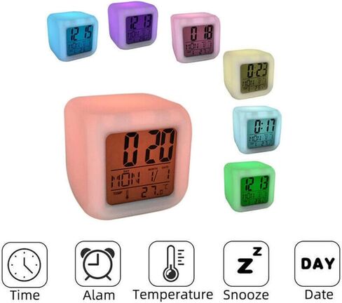 ساعة منبه رقمية، ساعة منبه رقمية كبيرة الحجم مع غفوة درجة حرارة منبه للوقت والتاريخ، ساعة منبه مكعبة متوهجة ليلية LED مع إضاءة ليلية بـ 7 ألوان لغرفة النوم، سهلة الضبط، تعمل بالبطارية in Kuwait