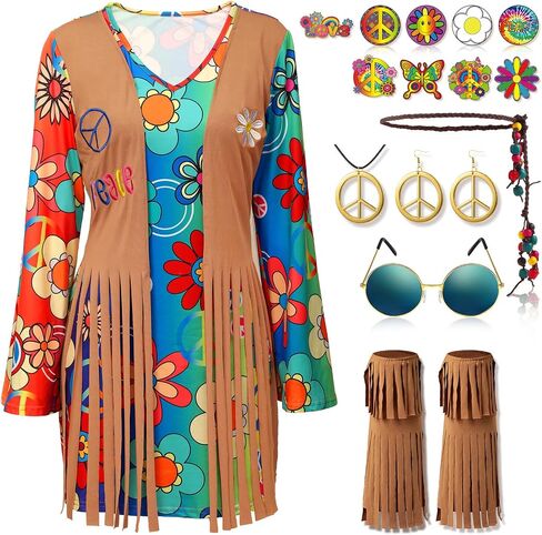 18 Pcs 60s 70s Women Hippie Costume Set Peace Sign Earring Necklace Headband Dress Ankle Socks Sunglass Hippie Tattoo Pins in Saudi Arabia