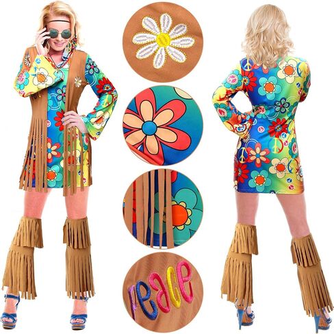 18 Pcs 60s 70s Women Hippie Costume Set Peace Sign Earring Necklace Headband Dress Ankle Socks Sunglass Hippie Tattoo Pins in Saudi Arabia