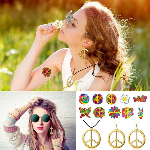 18 Pcs 60s 70s Women Hippie Costume Set Peace Sign Earring Necklace Headband Dress Ankle Socks Sunglass Hippie Tattoo Pins in Saudi Arabia