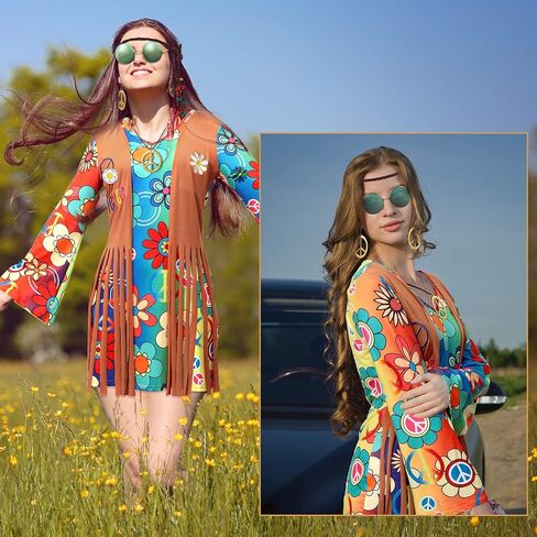 18 Pcs 60s 70s Women Hippie Costume Set Peace Sign Earring Necklace Headband Dress Ankle Socks Sunglass Hippie Tattoo Pins in Saudi Arabia