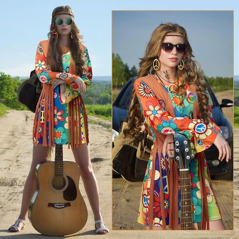 18 Pcs 60s 70s Women Hippie Costume Set Peace Sign Earring Necklace Headband Dress Ankle Socks Sunglass Hippie Tattoo Pins in Saudi Arabia