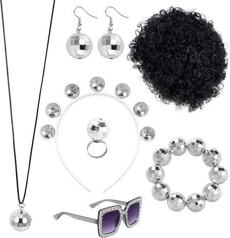 7 قطع ديسكو الملحقات 1970s ديسكو الكرة الملحقات مجموعة الفضة ديسكو الكرة عقال الفضة ديسكو الكرة قلادة ديسكو الكرة سوار ديسكو الكرة الأقراط ديسكو الدائري النظارات الشمسية ديسكو الأفرو شعر مستعار للنساء in Kuwait