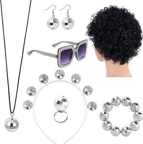 7 قطع ديسكو الملحقات 1970s ديسكو الكرة الملحقات مجموعة الفضة ديسكو الكرة عقال الفضة ديسكو الكرة قلادة ديسكو الكرة سوار ديسكو الكرة الأقراط ديسكو الدائري النظارات الشمسية ديسكو الأفرو شعر مستعار للنساء in Kuwait