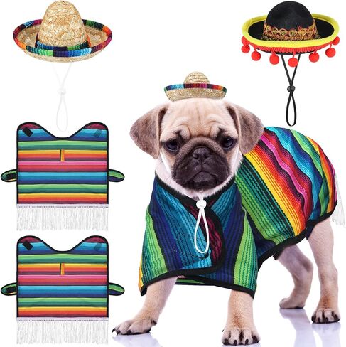 4 Pcs Dog Sombrero Hat Pet Serape Poncho Costume Funny Dog Clothes Dog Sombrero Hat Adjustable Pet Serape Poncho Multicolor Dog Poncho Cinco De Mayo Dog Outfit for Mexican Party Decorations (S Size) in Saudi Arabia