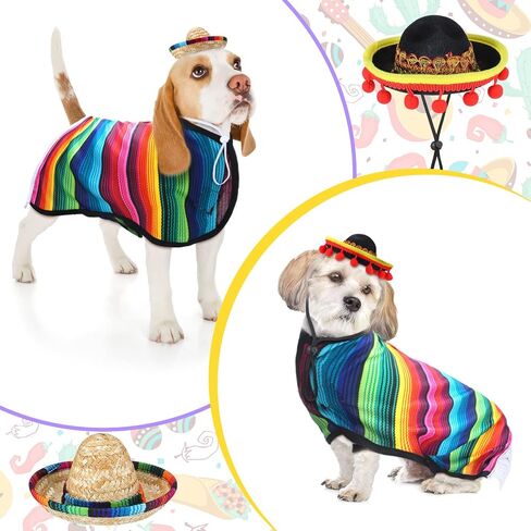 4 Pcs Dog Sombrero Hat Pet Serape Poncho Costume Funny Dog Clothes Dog Sombrero Hat Adjustable Pet Serape Poncho Multicolor Dog Poncho Cinco De Mayo Dog Outfit for Mexican Party Decorations (S Size) in Saudi Arabia