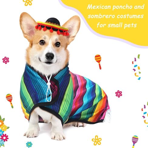 4 Pcs Dog Sombrero Hat Pet Serape Poncho Costume Funny Dog Clothes Dog Sombrero Hat Adjustable Pet Serape Poncho Multicolor Dog Poncho Cinco De Mayo Dog Outfit for Mexican Party Decorations (S Size) in Saudi Arabia