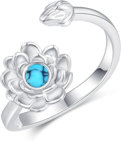 خاتم لوتس للنساء 925 الفضة الاسترليني لوتس الفيروز خاتم زهرة اللوتس حلقة افتتاح قابل للتعديل اليوغا مجوهرات هدايا للفتيات أمي عيد ميلاد الأم in Kuwait