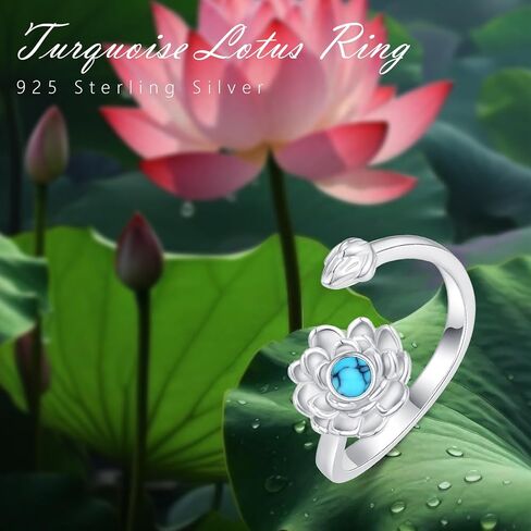 خاتم لوتس للنساء 925 الفضة الاسترليني لوتس الفيروز خاتم زهرة اللوتس حلقة افتتاح قابل للتعديل اليوغا مجوهرات هدايا للفتيات أمي عيد ميلاد الأم in Kuwait