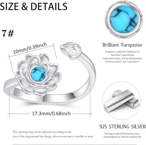 خاتم لوتس للنساء 925 الفضة الاسترليني لوتس الفيروز خاتم زهرة اللوتس حلقة افتتاح قابل للتعديل اليوغا مجوهرات هدايا للفتيات أمي عيد ميلاد الأم in Kuwait