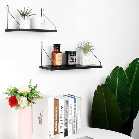 أرفف عائمة من الخشب الغارق، رف معلق على الحائط، منظم تخزين معلق مع أقواس معدنية مثلثة، رف معلق، منظمات جدارية، غرفة المعيشة، مكتب، ديكور المنزل (أسود، 11.8 بوصة) in Kuwait