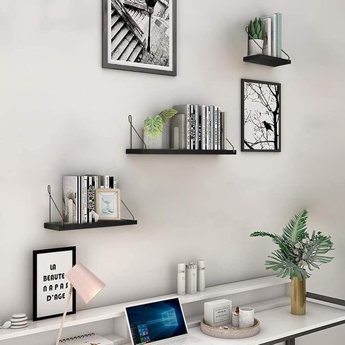 أرفف عائمة من الخشب الغارق، رف معلق على الحائط، منظم تخزين معلق مع أقواس معدنية مثلثة، رف معلق، منظمات جدارية، غرفة المعيشة، مكتب، ديكور المنزل (أسود، 11.8 بوصة) in Kuwait