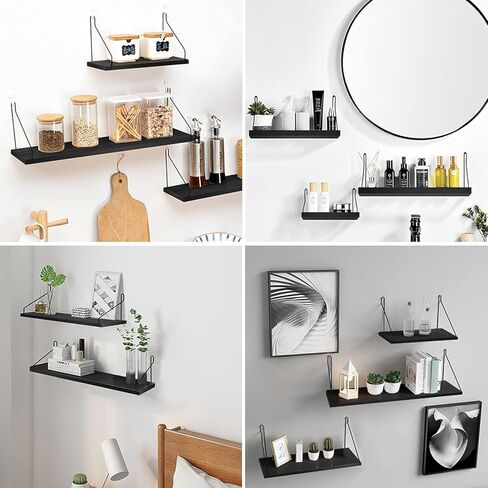أرفف عائمة من الخشب الغارق، رف معلق على الحائط، منظم تخزين معلق مع أقواس معدنية مثلثة، رف معلق، منظمات جدارية، غرفة المعيشة، مكتب، ديكور المنزل (أسود، 11.8 بوصة) in Kuwait