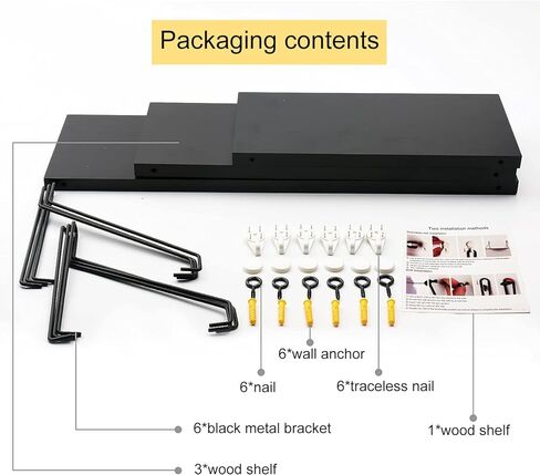 أرفف عائمة من الخشب الغارق، رف معلق على الحائط، منظم تخزين معلق مع أقواس معدنية مثلثة، رف معلق، منظمات جدارية، غرفة المعيشة، مكتب، ديكور المنزل (أسود، 11.8 بوصة) in Kuwait