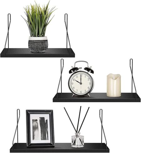 أرفف عائمة من الخشب الغارق، رف معلق على الحائط، منظم تخزين معلق مع أقواس معدنية مثلثة، رف معلق، منظمات جدارية، غرفة المعيشة، مكتب، ديكور المنزل (أسود، 11.8 بوصة) in Kuwait