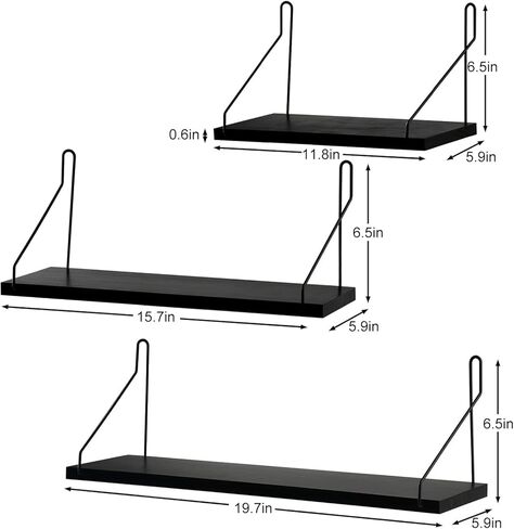 أرفف عائمة من الخشب الغارق، رف معلق على الحائط، منظم تخزين معلق مع أقواس معدنية مثلثة، رف معلق، منظمات جدارية، غرفة المعيشة، مكتب، ديكور المنزل (أسود، 11.8 بوصة) in Kuwait