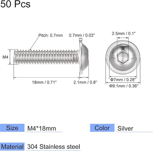 uxcell Flanged Button Head Socket Cap Screws, M4*18mm Hex Socket Drive Screw, 304 Stainless Steel Fasteners Bolts, Fully Threaded Machine Screw 50Pcs in Saudi Arabia