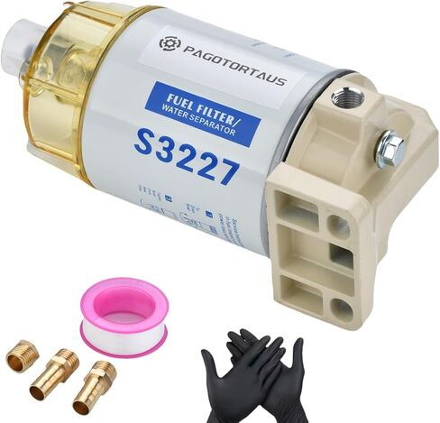 S3227 Fuel Filter Water Separator Assembly fits Marine Outboard Motor Mercury with 3/8" Barb x 1/4" NPT Fittings,Black Gloves,Replaces 320R, 490R-RAC-01,18-7948,9-37882,18-7922,18-7922-1 in Kuwait