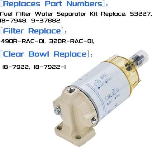 S3227 Fuel Filter Water Separator Assembly fits Marine Outboard Motor Mercury with 3/8" Barb x 1/4" NPT Fittings,Black Gloves,Replaces 320R, 490R-RAC-01,18-7948,9-37882,18-7922,18-7922-1 in Kuwait