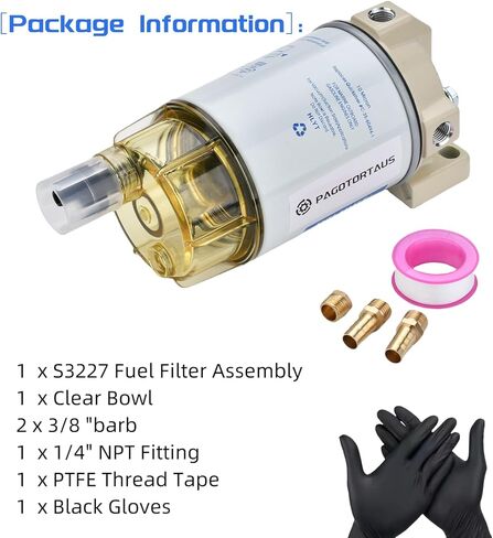 S3227 Fuel Filter Water Separator Assembly fits Marine Outboard Motor Mercury with 3/8" Barb x 1/4" NPT Fittings,Black Gloves,Replaces 320R, 490R-RAC-01,18-7948,9-37882,18-7922,18-7922-1 in Kuwait