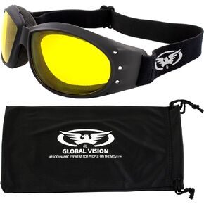 Global Vision Eliminator DX Padded Motorcycle Riding Goggles Shatterproof Polycarbonate Lens UV400 Scratch-Resistant Double-Sided Anti Fog Black Frames Yellow Tint Lenses