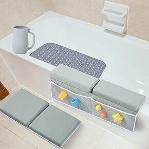 طقم وسادة مسند للركبة والكوع مكون من 4 قطع، بساط حوض استحمام غير قابل للانزلاق، كوب شطف للاستحمام في حوض الاستحمام، لوازم الاستحمام الأساسية، رمادي in Kuwait