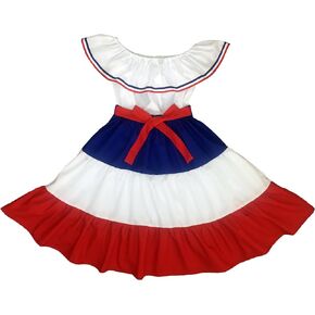 Girl Typical Costume Hispanic Heritage Dominican Republic Cuba Puerto Rico Tricolor Flags Red Blue White 2-13 Years