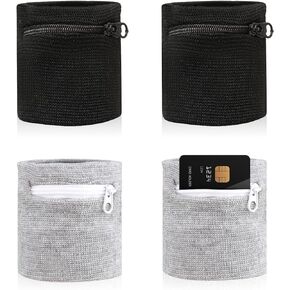4PCS Wrist Wallet, Wrist Sweat Bands with Zipper, Light Comfortable Sports Absorb Sweat Wristbands for Women Men Running Hiking Workout, Wrist Pouch for Storage Key Card Cash