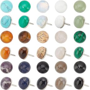 PH PandaHall 30pcs Creative Fashion Push Pins, 15 Colors Gemstone Decorative Thumbtacks Paper Clips Half Round Iron Drawing Pins Thumb Tacks for Wall Maps, Photos, Bulletin Board or Cork Boards