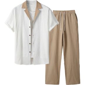 Verdusa Men's 2 Piece Button Down Colorblock Collared Shirt Drawstring Pants Set