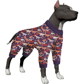 بيجامة LovinPet Pit Bull - بيجامة كبيرة للكلاب، قماش خفيف الوزن قابل للتمدد، طباعة ديناصور مموه باللونين الأرجواني والبرتقالي، قميص لتخفيف قلق الحيوانات الأليفة، ملابس Pjs للكلاب سهلة الارتداء، ملابس للكلاب للحفلات، أرجواني L in Kuwait