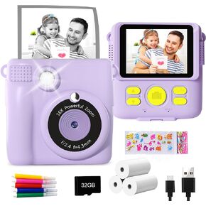 GKTZ Instant Print Camera for Kids - 1080P HD Instant Print Photo - Christmas Birthday Gifts for Age 4 5 6 7 8 9 10 Girls Boys - Portable Toy with 3 Rolls Photo Paper, 32GB Card, Color Pens - Purple