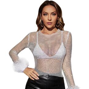 Sparkle Rhinestone Tops for Women Feather Top Glitter Mesh Sequin Top Sparkly Outfits for Women
