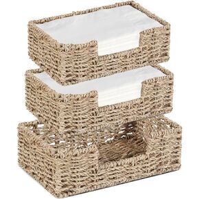 Set of 3 Ratten Napkin Holder for Table, Seagrass Serving Tray for Paper Napkins, 3 Size Wicker Baskets for Kitchen Dining Room