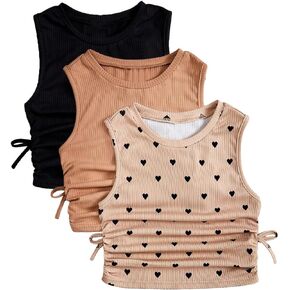 Milumia Girl's 3 Pack Heart Print Ruched Ribbed Knit Tank Tops Sleeveless Summer Tops Set