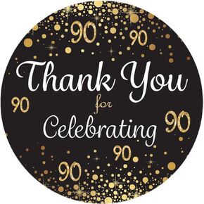 Black and Gold 90th Birthday Thank You Stickers - 1.75 in - 40 Labels