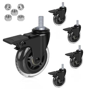 Hirate 3 inch Swivel Stem Casters with Locking Brake Threaded 3/8"-16UNC for Office Chairs Furniture and Shelves, Heavy Duty Caster Replacement Pack of 5 with Hex Nuts